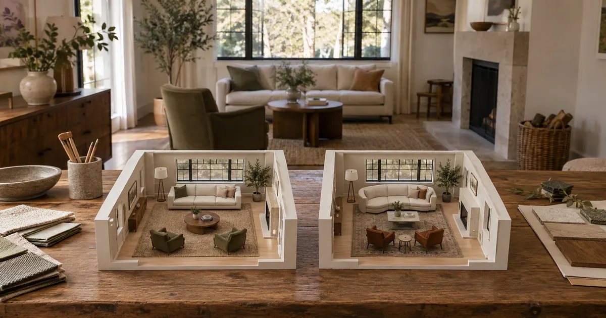 Two physical models of the same living room with different furniture arrangements